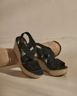 Sandalia elásticos en serraje negro Dominica